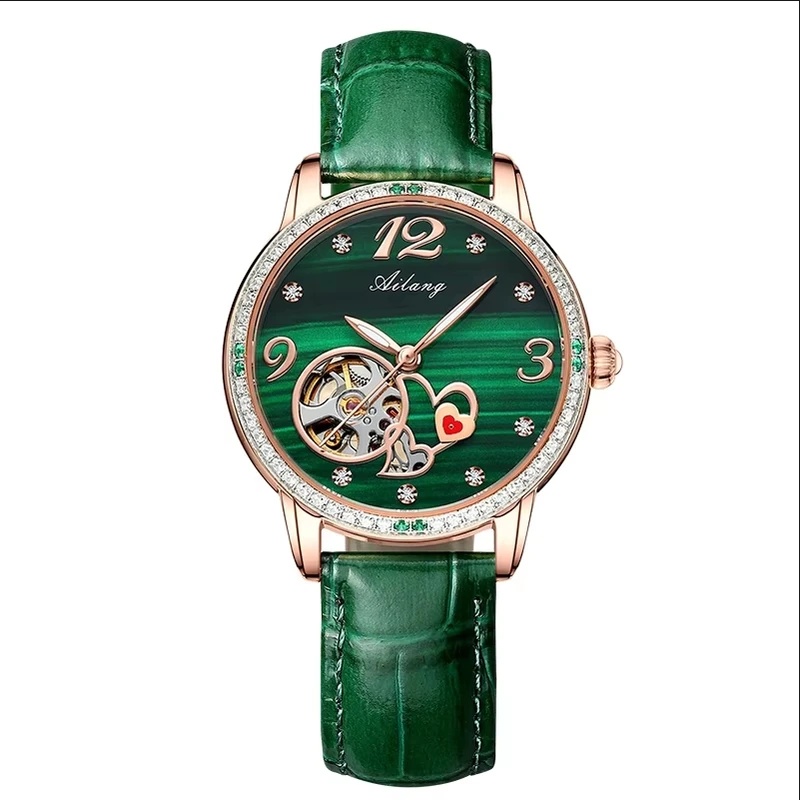 Skeleton Mechanical Watch - นาฬิกาข้อมือสำหรับผู้หญิง AILANG ดีไซน์หรู กลไกอัตโนมัติ หน้าปัดสีเขียว ประดับเพชร
