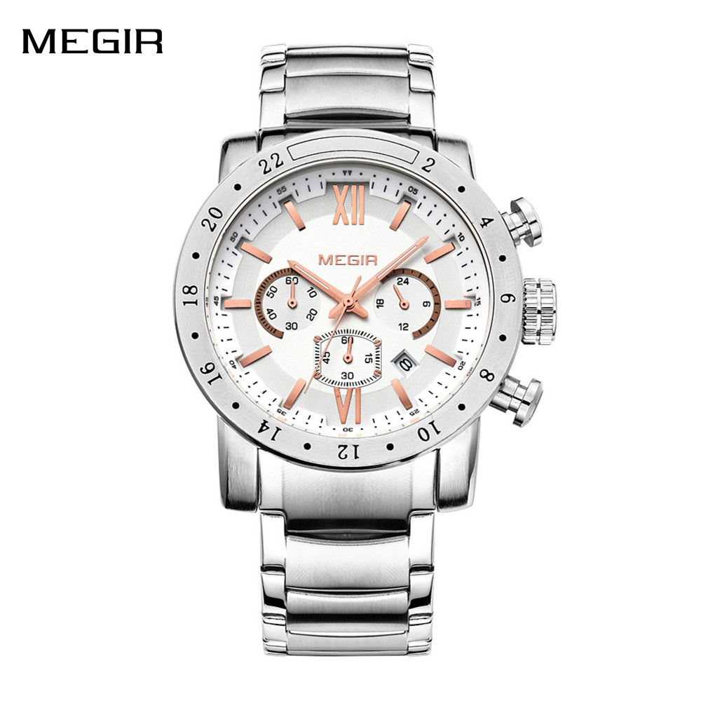Smartwatch Casual Watches For Men - MEGIR นาฬิกาลำลองสแตนเลสสำหรับผู้ชายกันน้ำหน้าปัดเรืองแสงผู้ชายควอตซ์นาฬิกาข้อมือธุรกิจพร้อมโครโนกราฟวันที่อัตโนมัติ