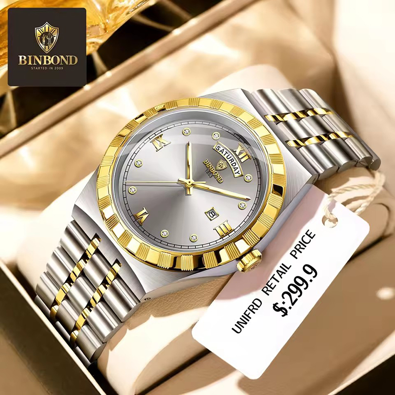 Smartwatch Trending Watches For Men - นาฬิกาข้อมือผู้ชาย BINBOND แฟชั่นทันสมัย ไฟกลางคืน ปฏิทินคู่ กันน้ำ