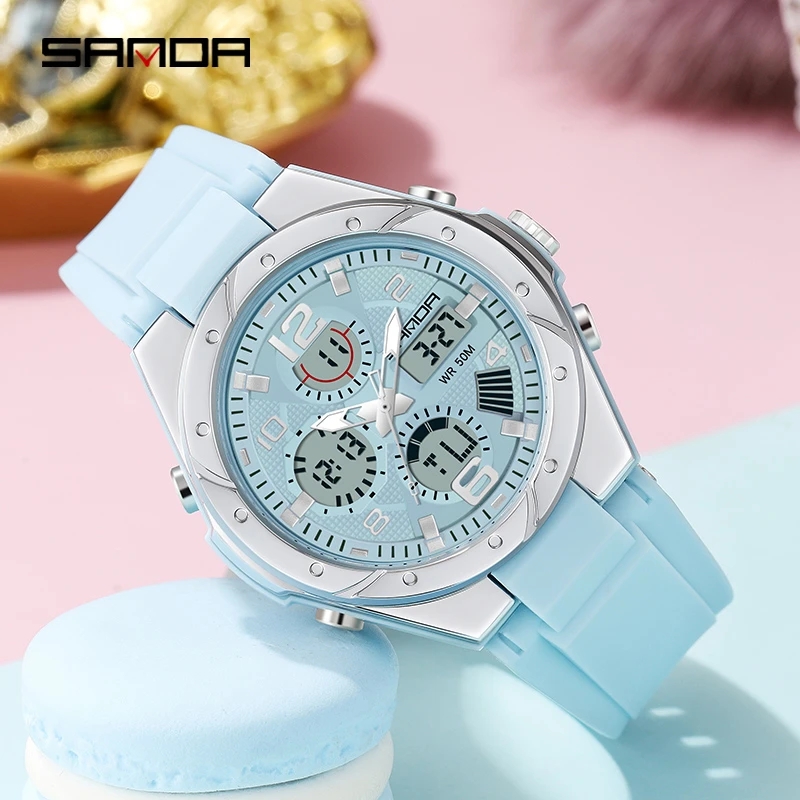 Chronograph Sport Watch - นาฬิกาข้อมือ SANDA สีชมพูสำหรับผู้หญิง ระบบอนาล็อก-ดิจิตอล นาฬิกาข้อมือยูนิเซ็กส์ รุ่น