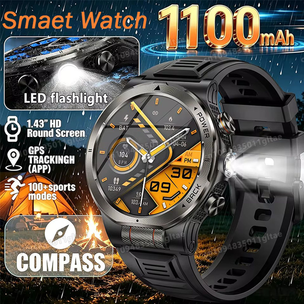 Smartwatch Running Watches For Men - 2026 ใหม่เกรดทหาร 1100mAh แบตเตอรี่สมาร์ทวอทช์ผู้ชาย GPS 5ATM