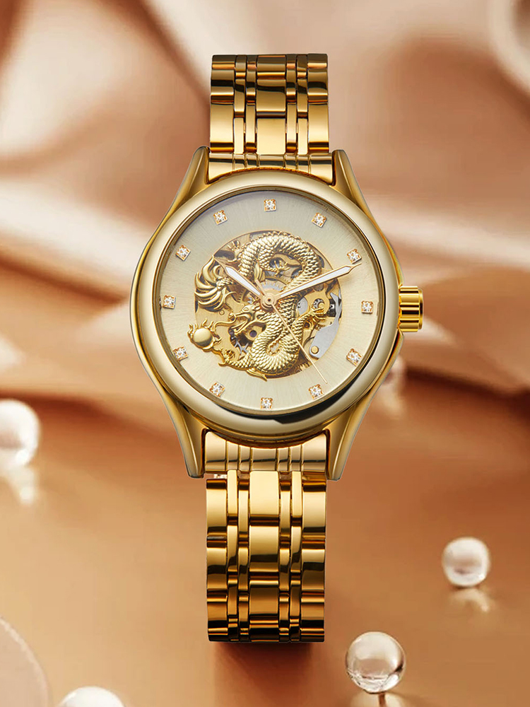 Skeleton Mechanical Watch - T-WINNER High-end Luxury Dragon นาฬิกาผู้หญิงสแตนเลสโครงกระดูกเพชรนาฬิกาข้อมือสตรีนาฬิกาการเคลื่อนไหวอัตโนมัติ