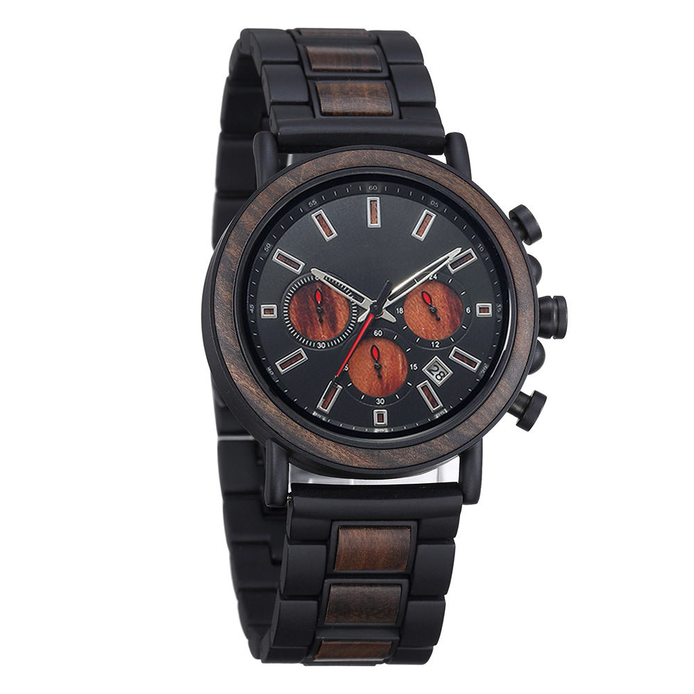Smartwatch Trending Watches For Men - นาฬิกาข้อมือควอตซ์ผู้ชาย ดีไซน์ผสมผสานเหล็กและไม้ หน้าปัดขนาดใหญ่ กันน้ำ โครโนกราฟ แสดงวันที่